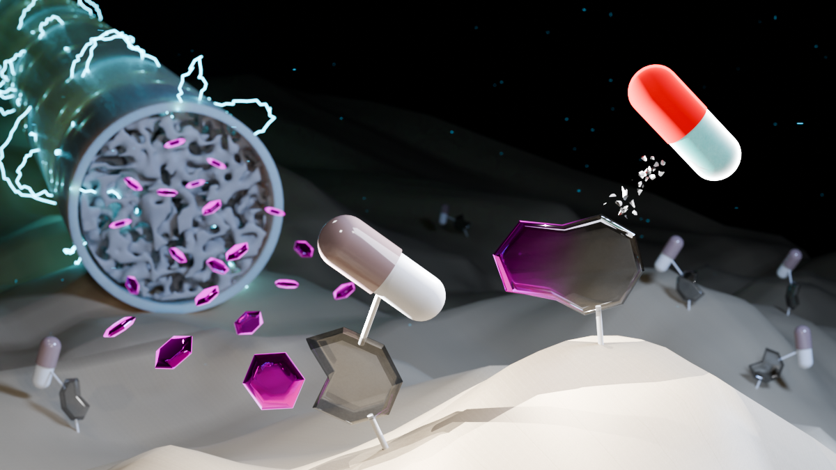 schematische Zeichnung von einer Röhre, in der kleine lila Secksecke transportiert werden, die sich öffnen, wenn sie sich mit einer Tablette verbinden