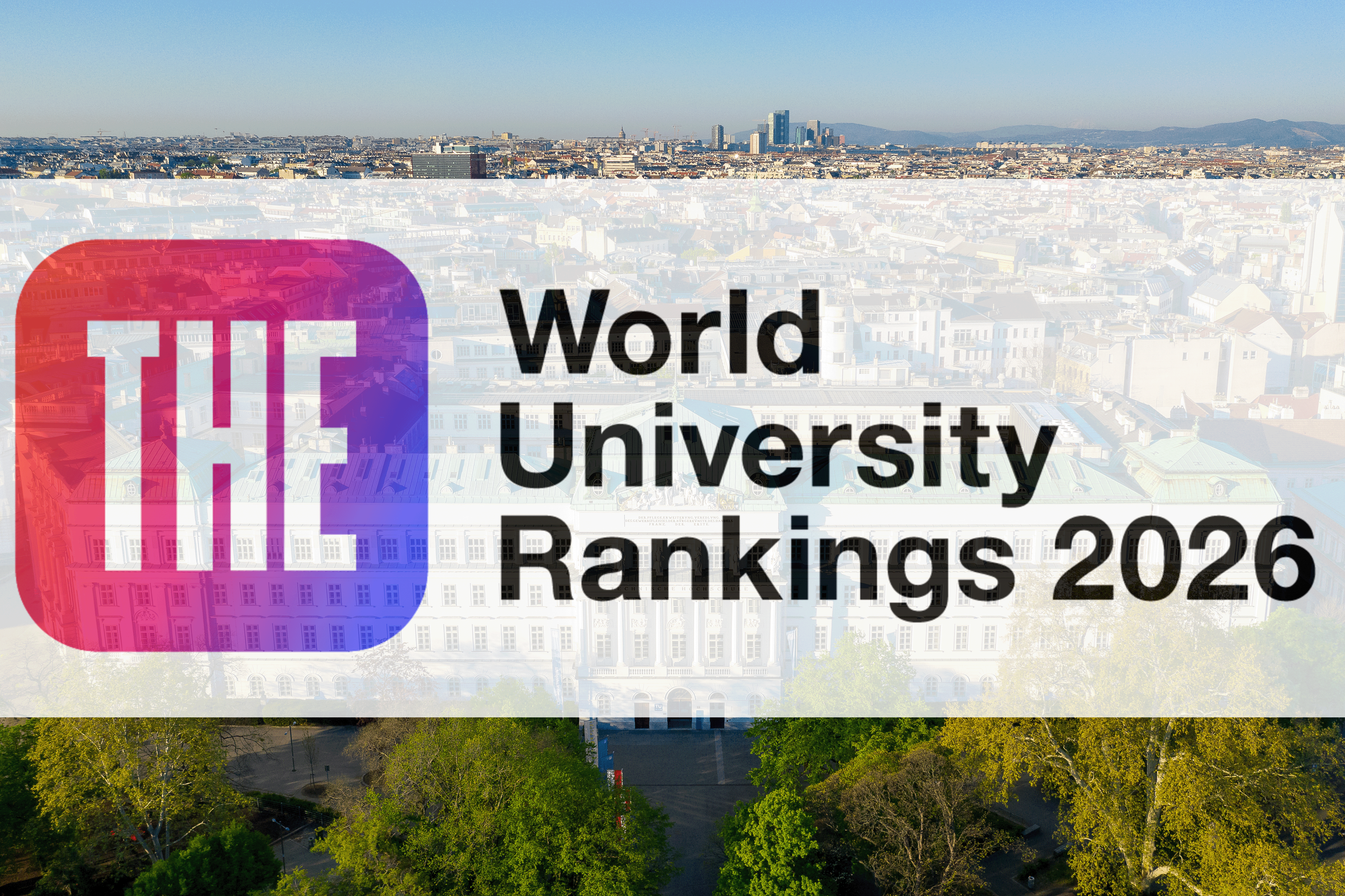 Drohnenbild TU Wien mit einem Balken THE World University Rankings 2026 mit Logo und Schrift
