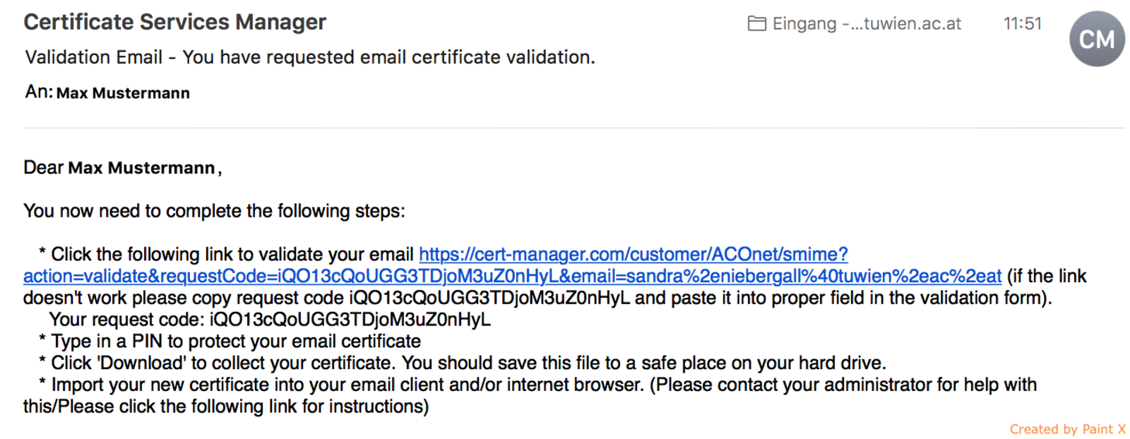 Illustration Validation email Screenshot: Email confirmation for certificate order