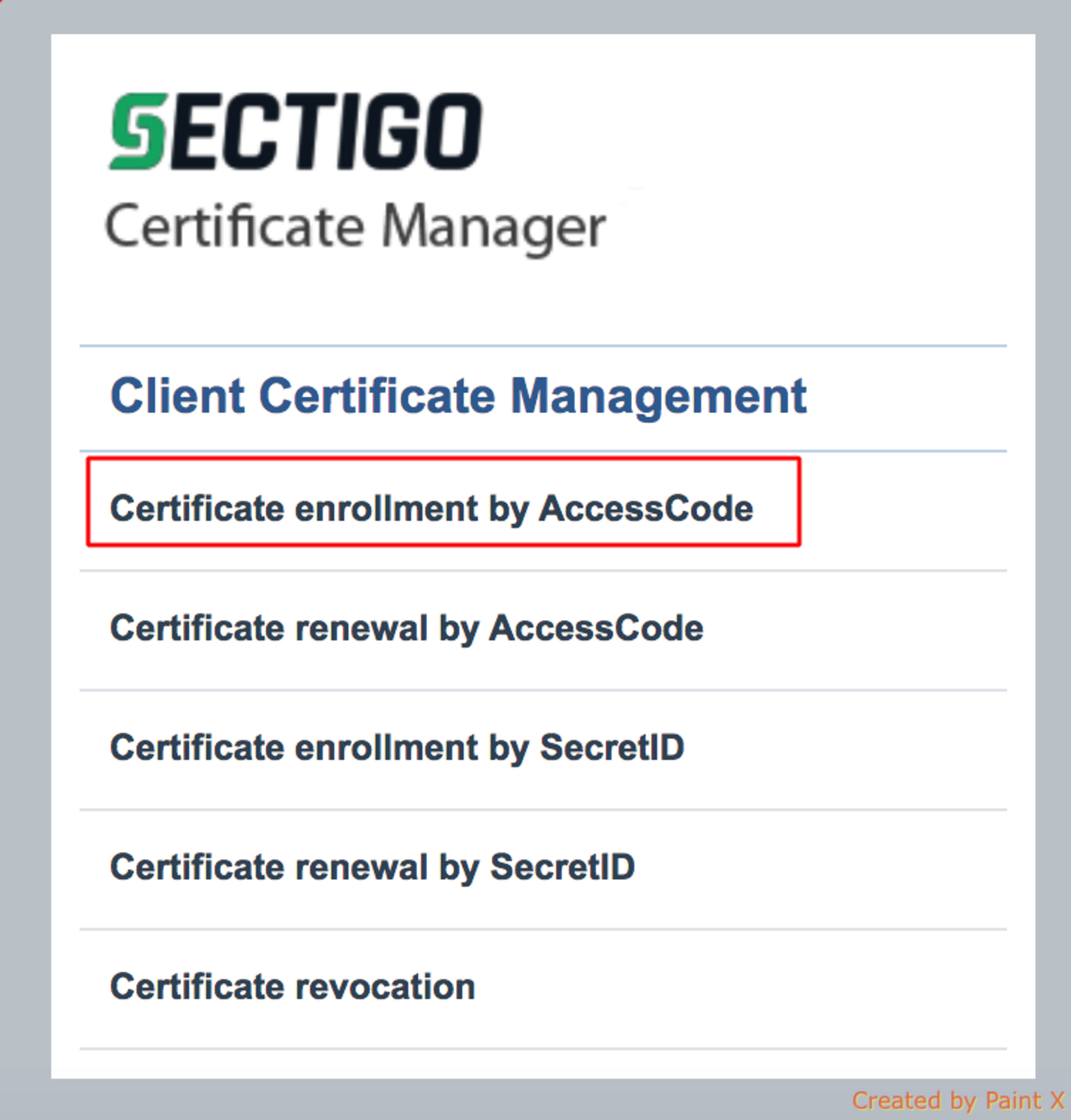 Certificate enrollment by AccessCode Screenshot: Certificate enrollment by AccessCode