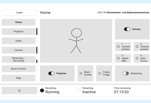 Schnittstelle für ein Seminarraum-Steuerungssystem. Mit Menüoptionen wie „Home“, „Projektor“ und „Audio“. Zeigt den Aufnahmestatus als „Laufend“ und das Streaming als „Inaktiv“ an.