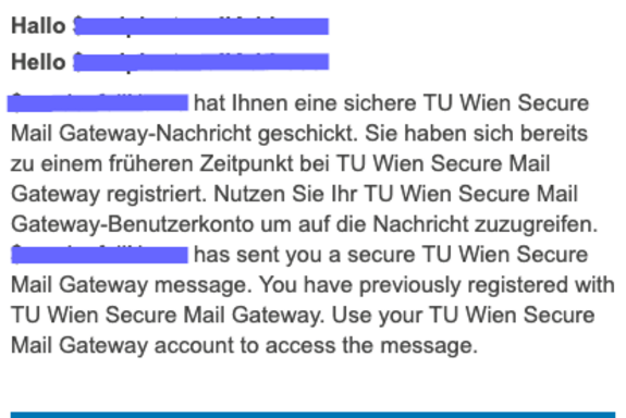 Beispielnotifikation über den Erhalt einer sicheren TU Wien Secure Mail Gateway-Nachricht