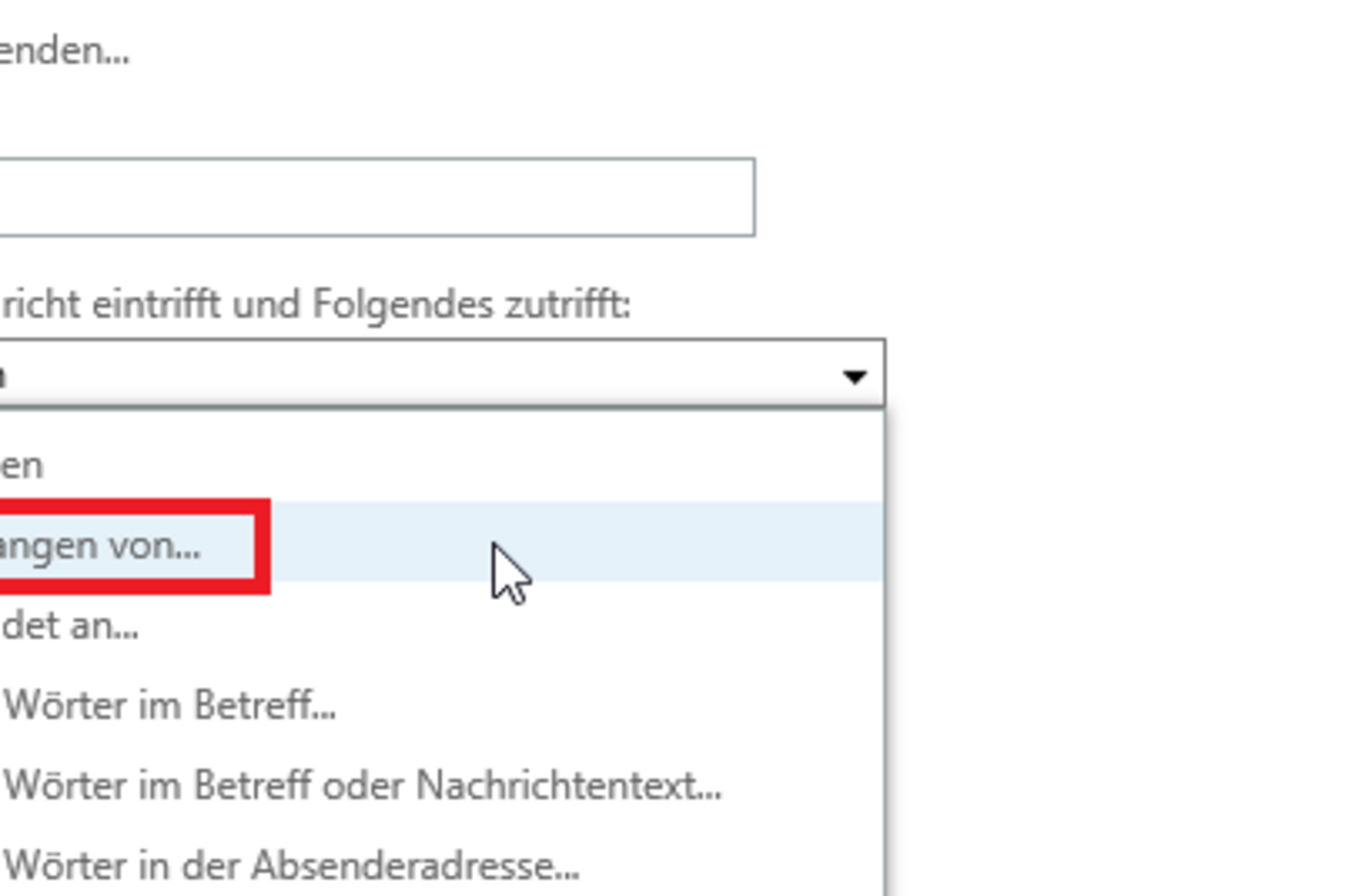 Screenshot: New incoming mail rule