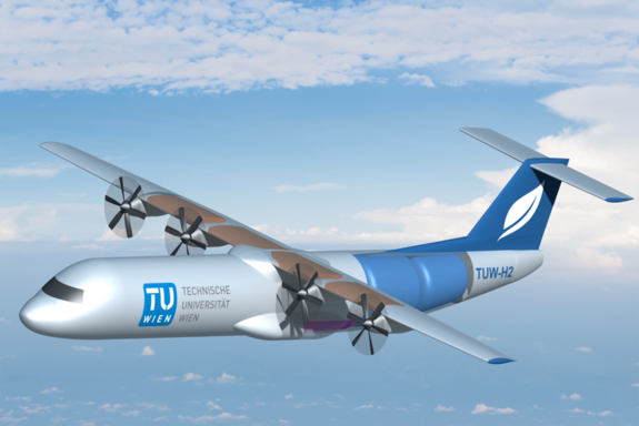 Visualisierung eines Flugzeugs in den Farben silber und blau mit Logo der TU Wien auf dem Flugzeug. 