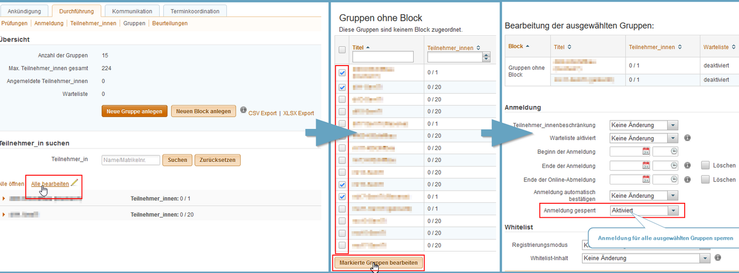 In der Gruppenansicht der LVA-Administrationsseite können Sie die neue Funktion "Alle bearbeiten" auswählen, in der nächsten Ansicht die zu bearbeitenden Gruppen selektieren und die Funktiion "Markierte Gruppen bearbeiten" auswählen. In der Bearbeitungsmaske können Sie neue Werte für einzelne Attribute der ausgewählten Gruppen eingeben. 
