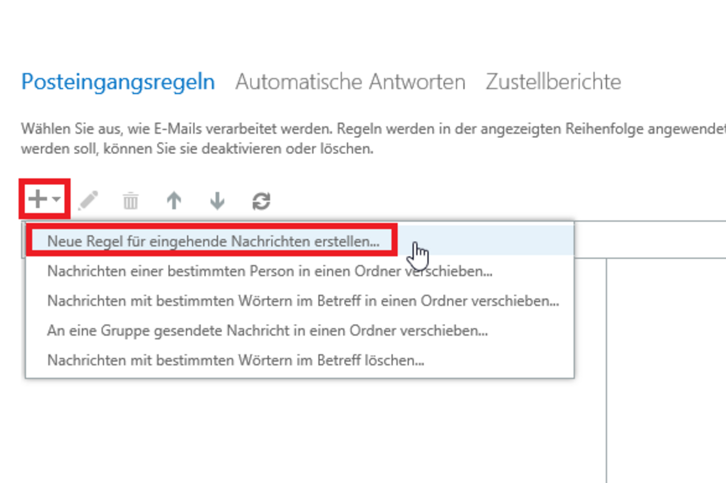 Screenshot: Create new rule for incoming messages