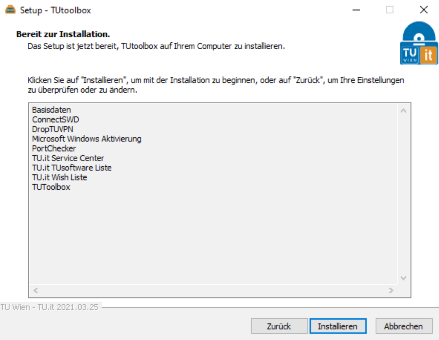 Screenshot zum im Text angeführten Anleitungsschritt "Bereit zur Installation"
