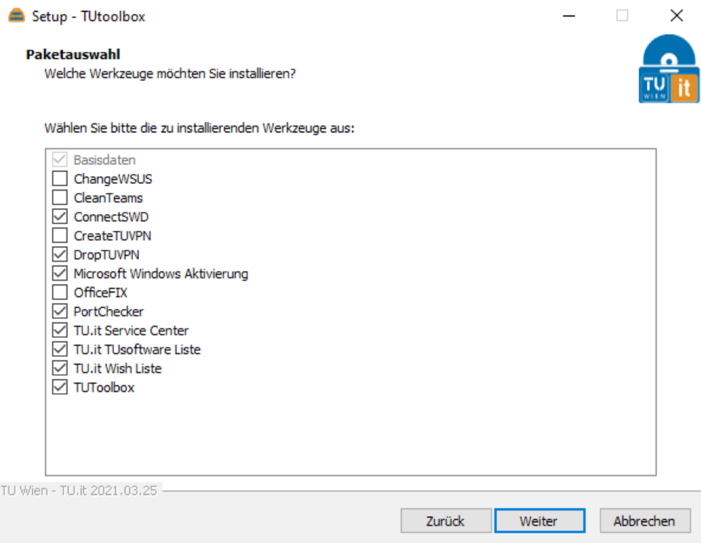 Screenshot zum im Text angeführten Anleitungsschritt "Paketauswahl TUtoolBox"