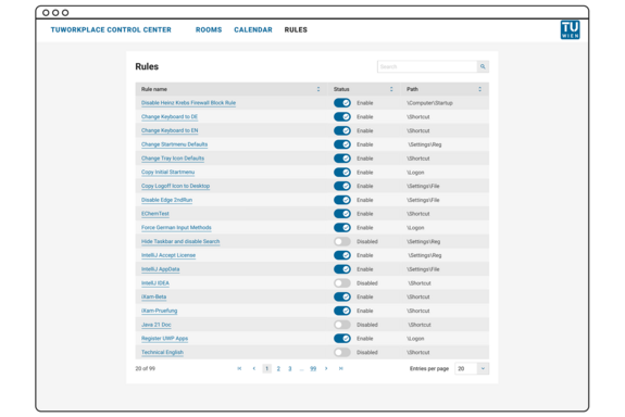 A computer interface displaying a Rules page with a list of rules and switches to enable or disable each rule.