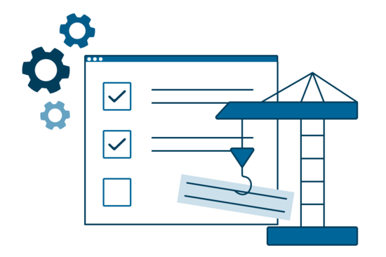 Illustration einer Website mit bestätigten Anforderungen und einer neu hinzukommenden, als symbolische Darstellung des Requirements-Engineering-Prozesses. 
