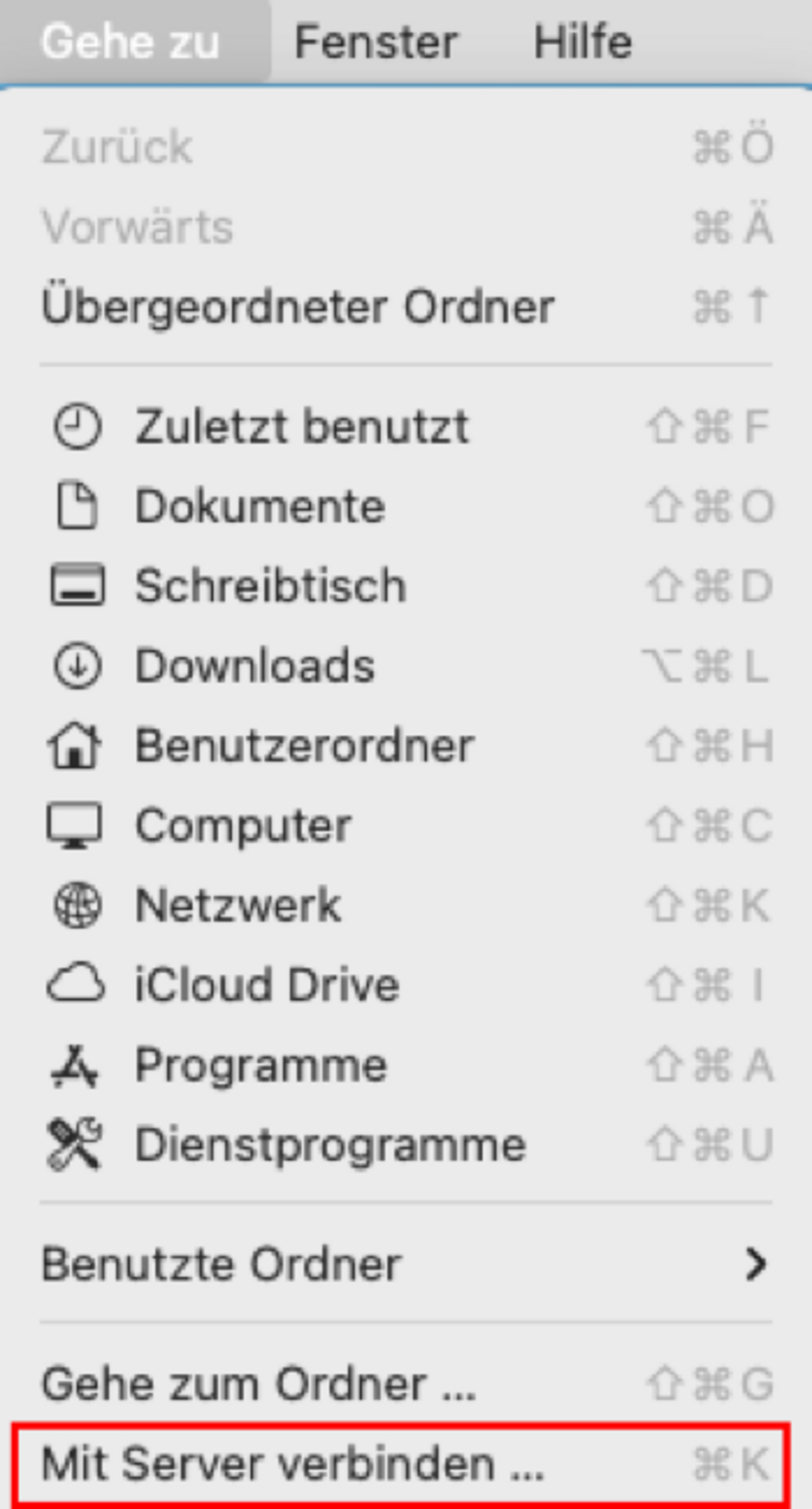 Screenshot zum im Text angeführten Anleitungsschritt im Menü "Gehe zu" den Befehl "Mit Server verbinden" wählen