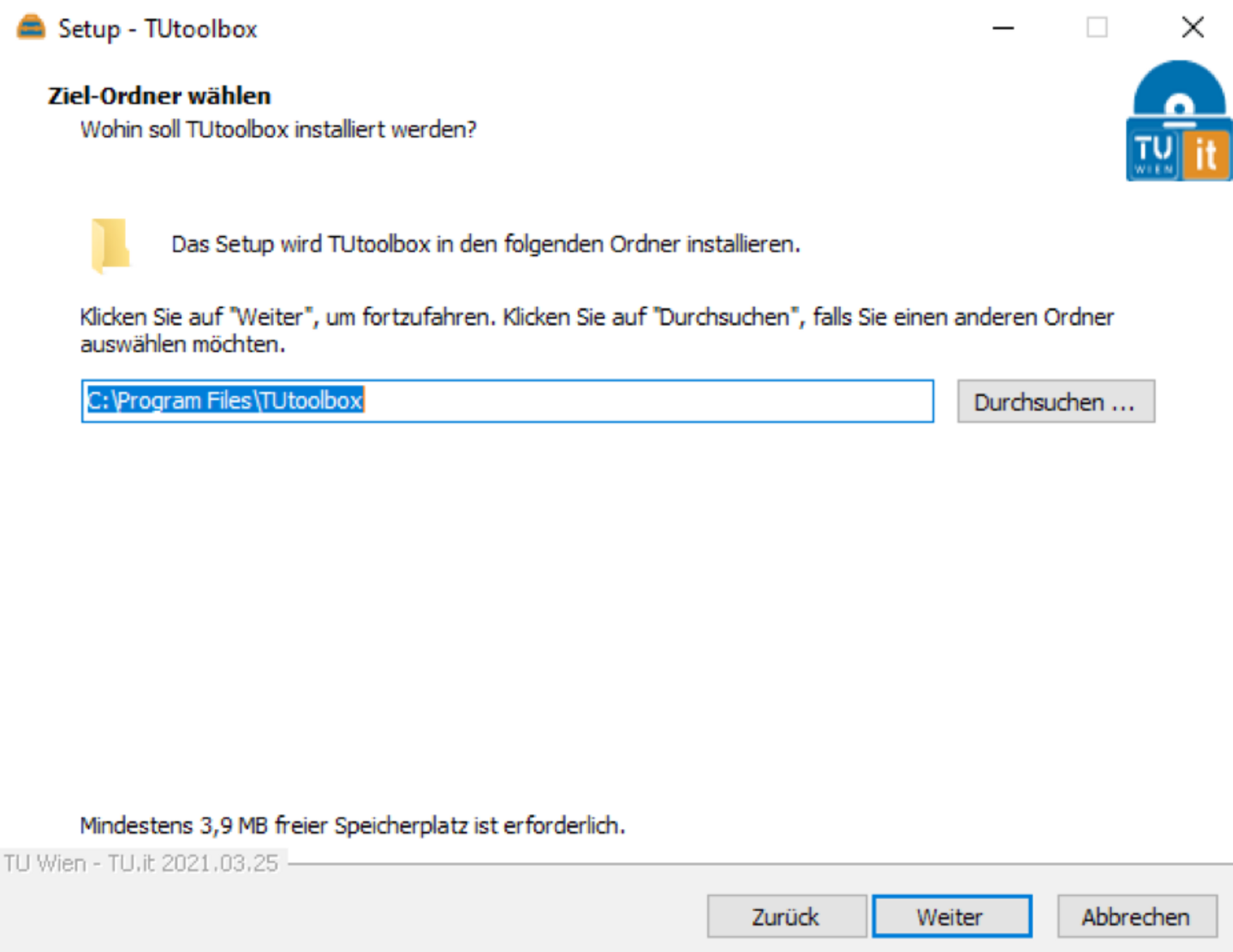 Screenshot zum im Text angeführten Anleitungsschritt "Zielordner auswählen"