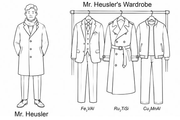 Drawing of a man (left) and a clothes rack with three outfits (right). Text below the man: Mr. Heusler. Text above the clothes rack: Mr. Heusler’s wardrobe. Text below the various outfits: Fe2VAl, Ru2TiSi, Cu2MnAl