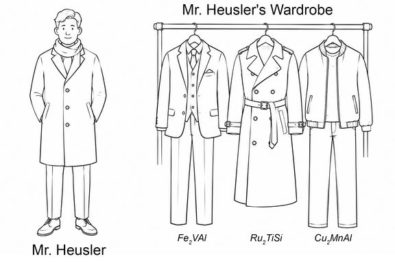 Drawing of a man (left) and a clothes rack with three outfits (right). Text below the man: Mr. Heusler. Text above the clothes rack: Mr. Heusler’s wardrobe. Text below the various outfits: Fe2VAl, Ru2TiSi, Cu2MnAl