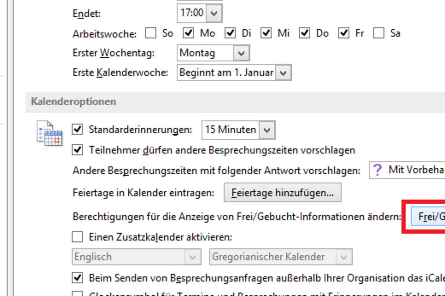 Screenshot: Change permissions for displaying free/busy information