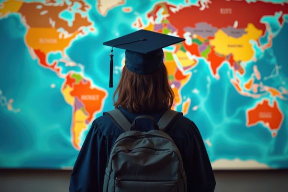 Frau von hinten mit Rucksack und schwarzem Hut mit viereckigem Dach und Quaste schaut auf Weltkarte (bunt)