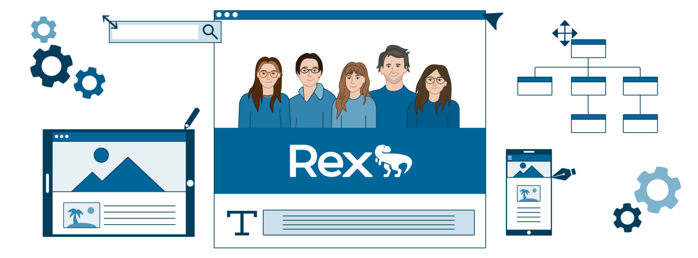 Illustration of Team Rex with logo in the centre, within a web interface, surrounded by tablet and mobile views, as well as UX/UI and requirements engineering tools that represent the team's work steps. 