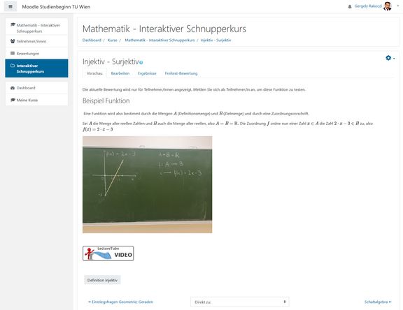 Example of an interactive trial course. A green board shows an example from mathematics on the topic of functions.