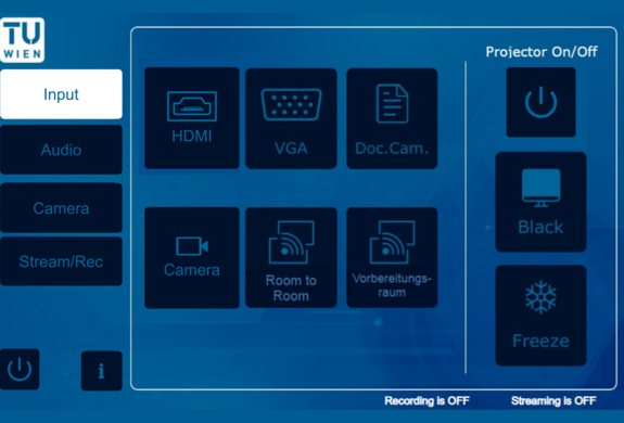 Bedienfeldschnittstelle mit Eingangsoptionen wie HDMI, VGA, Dokumentenkamera und Raum-zu-Raum. Die Funktionen „Power“ und „Freeze“ sind sichtbar.