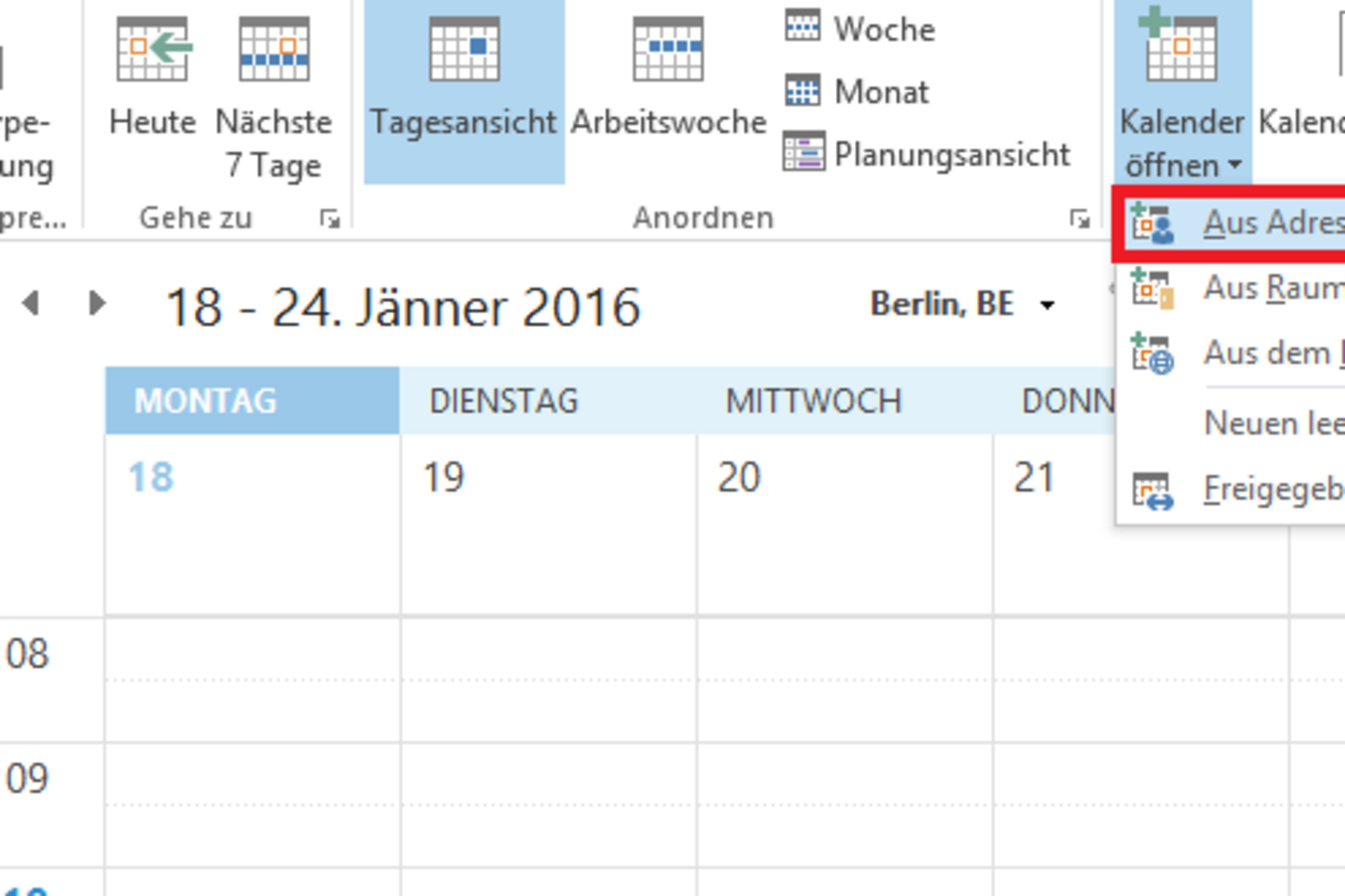 Screenshot: Open shared calendar