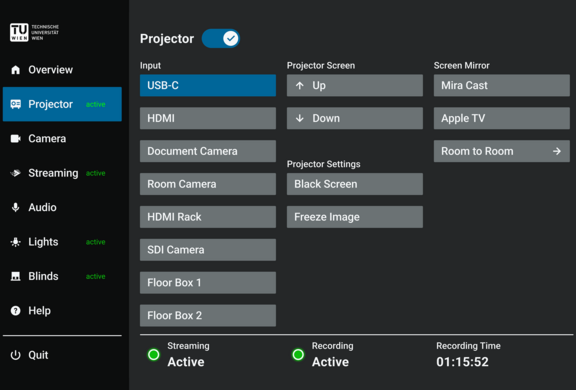 Control panel interface displaying the projector settings with the USB-C input selected. The options include various input sources.