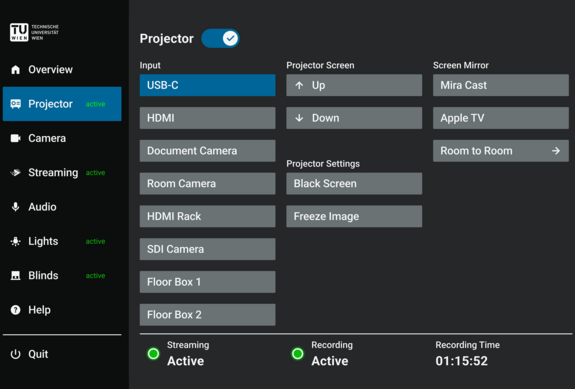 Bedienfeldschnittstelle, die die Projektoreinstellungen mit ausgewähltem USB-C-Eingang anzeigt. Zu den Optionen gehören verschiedene Eingangsquellen.