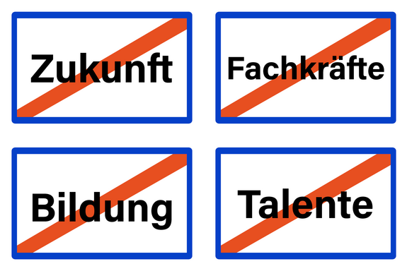vier "Ortsendeschilder" mit blauer Umrandung und rotem Querstrich: Text Zukunft, Fachkräfte, Bildung und Talente