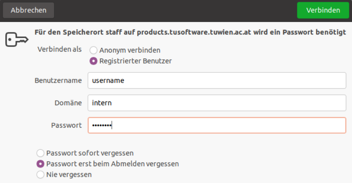 Screenshot zum im Text angeführten Anleitungsschritt "Benutzer_innennamen, Domäne und Passwort eingeben"