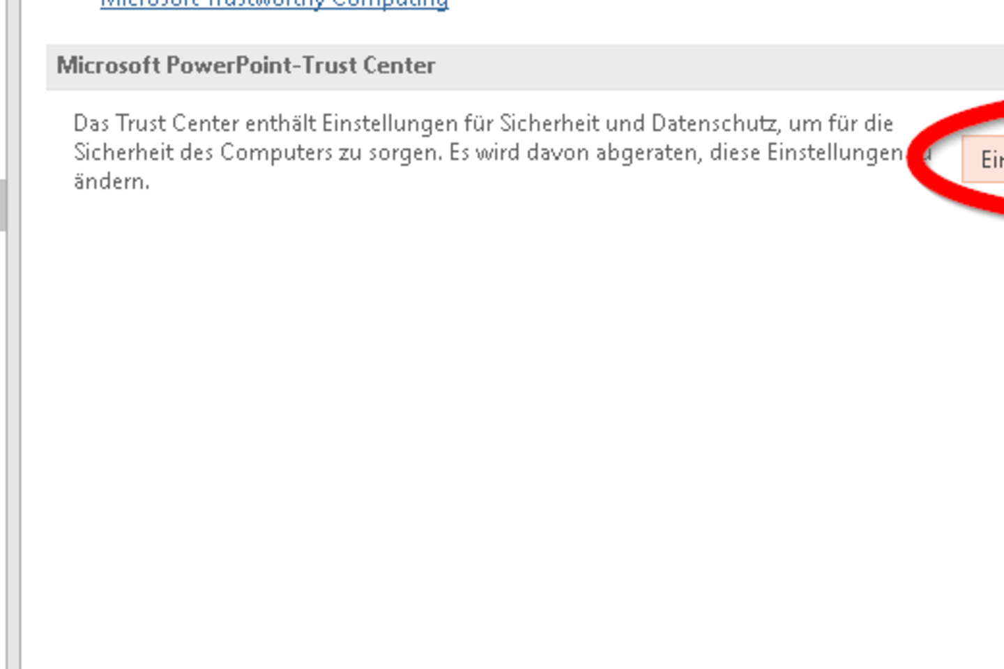 Screenshot MS PowerPoint: Trust Center settings Screenshot MS PowerPoint: Trust Center settings