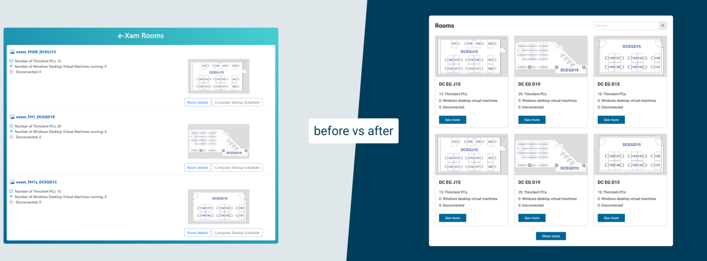 Split-screen comparison of the design before and after. On the left, a cluttered list of resources is shown, while on the right, the elements are organized clearly in a grid.