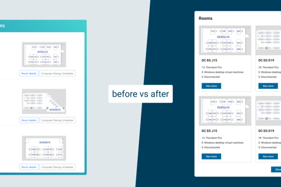 Split-Screen-Vergleich mit „vorher vs. nachher“. Links ist eine unübersichtliche Liste mit Mathematik-Ressourcen zu sehen, rechts sind die Elemente übersichtlich in einem Raster angeordnet.