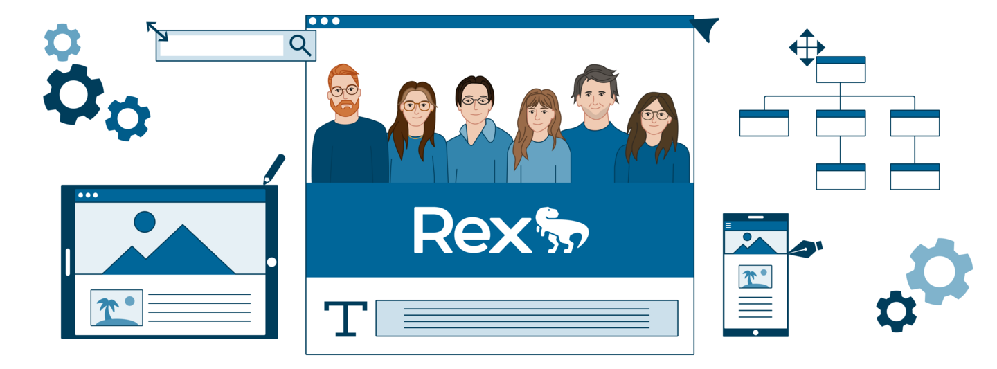 Illustration of Team Rex with logo in the centre, within a web interface, surrounded by tablet and mobile views, as well as UX/UI and requirements engineering tools that represent the team's work steps. 