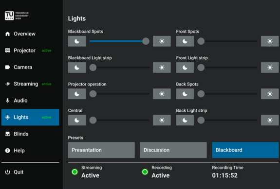 Dashboard-Schnittstelle zur Steuerung von Beleuchtung. Verschiedene Beleuchtungseinstellungen sind einstellbar, darunter Voreinstellungen.