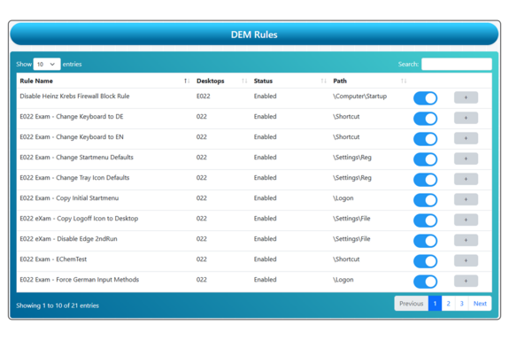 Eine digitale Schnittstelle, die eine Tabelle mit dem Titel „DEM-Regeln“ mit verschiedenen Einstellungen anzeigt. Die Tabelle listet Regelnamen, Desktops, Status und Pfade mit Umschaltflächen für jede Regel auf, die die Aktivierung anzeigen.