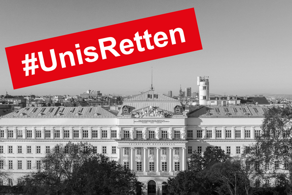 Schwarz-weiß Bild vom Hauptgebäude, rotes Textfeld in dem steht: #UnisRetten.