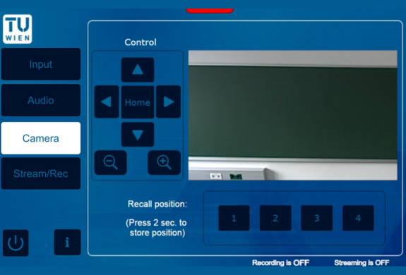 Bedienfeldschnittstelle für eine Kamera. Mit Richtungstasten, Eingabeoptionen und einem Anzeigefenster, das einen leeren Bildschirm zeigt.