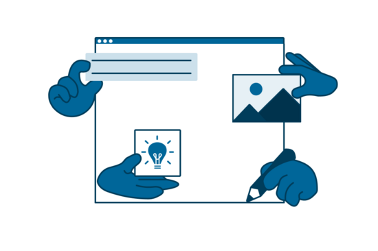 Illustration mehrerer stilisierter Hände, die gemeinsam Inhalte und Ideen in eine leere Website einfügen und damit kollaboratives UX/UI-Design, in Form eines Workshops, visualisieren.