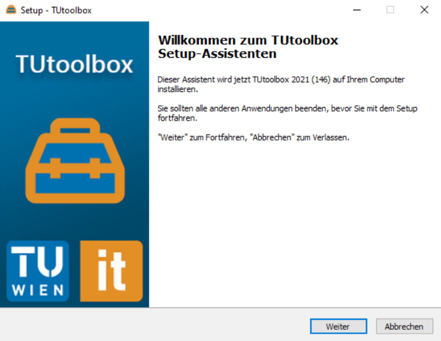 Screenshot zum im Text angeführten Anleitungsschritt "Installationsbeginn TUtoolBox"