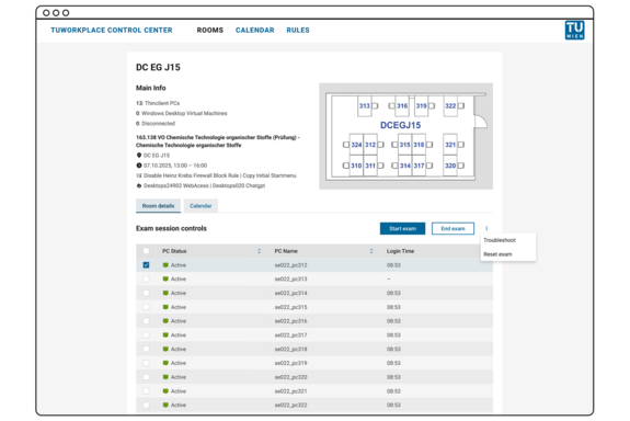 A computer management interface for room DC EG J15 at TU Workplace, displaying key information such as PCs, location, and session control. The interface shows a room layout with a grid of numbered PCs. Below, a list provides details on PC status, names, and login times, along with options to start or end exams.
