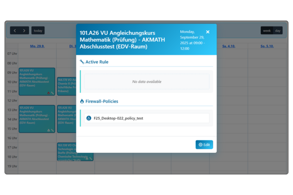 Ein digitaler Kalender zeigt am 29. September ein Popup-Ereignis mit dem Titel „Mathematik Prüfung“ an, zusammen mit Details zu aktiven Regeln und Firewall-Richtlinien.