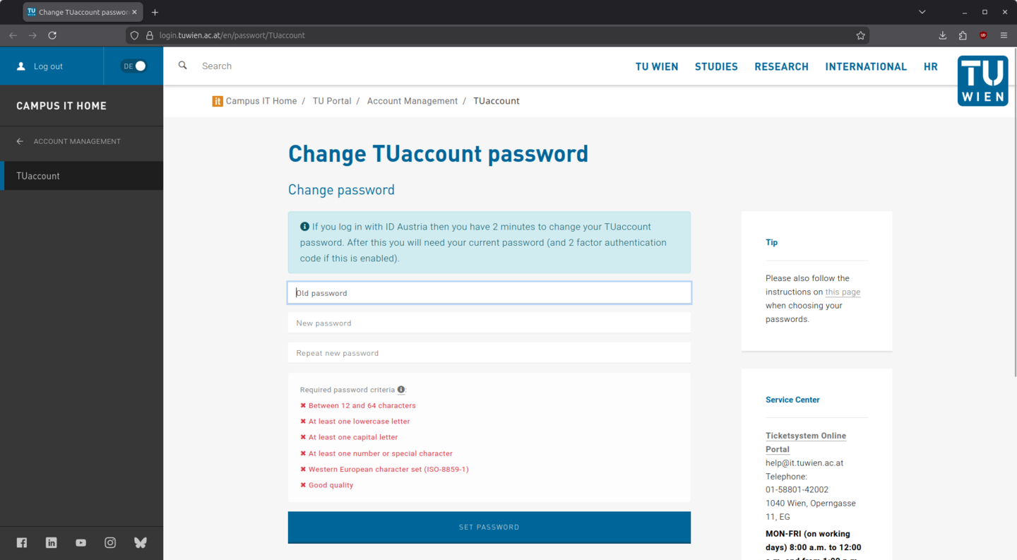 Screenshot Change TUaccount password