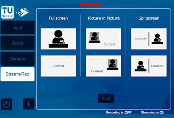 The user interface screen displays three options for the video layout: full screen, picture-in-picture and split screen.