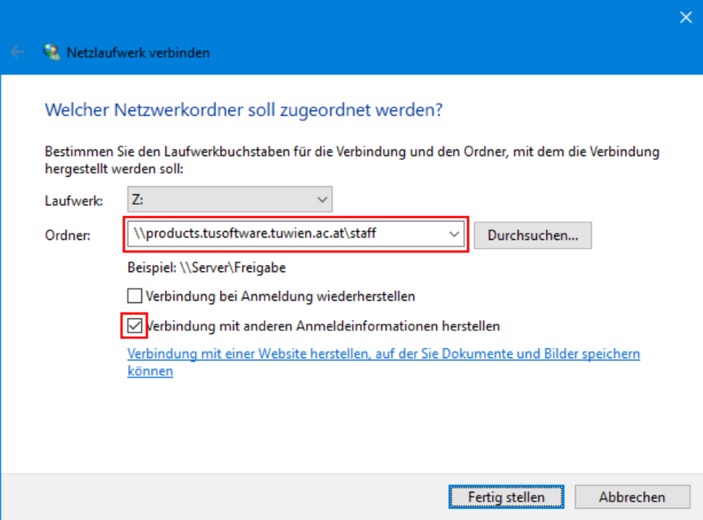 Screenshot zum im Text angeführten Anleitungsschritt "Ordnereingabe, Haken setzen und Fertig stellen"