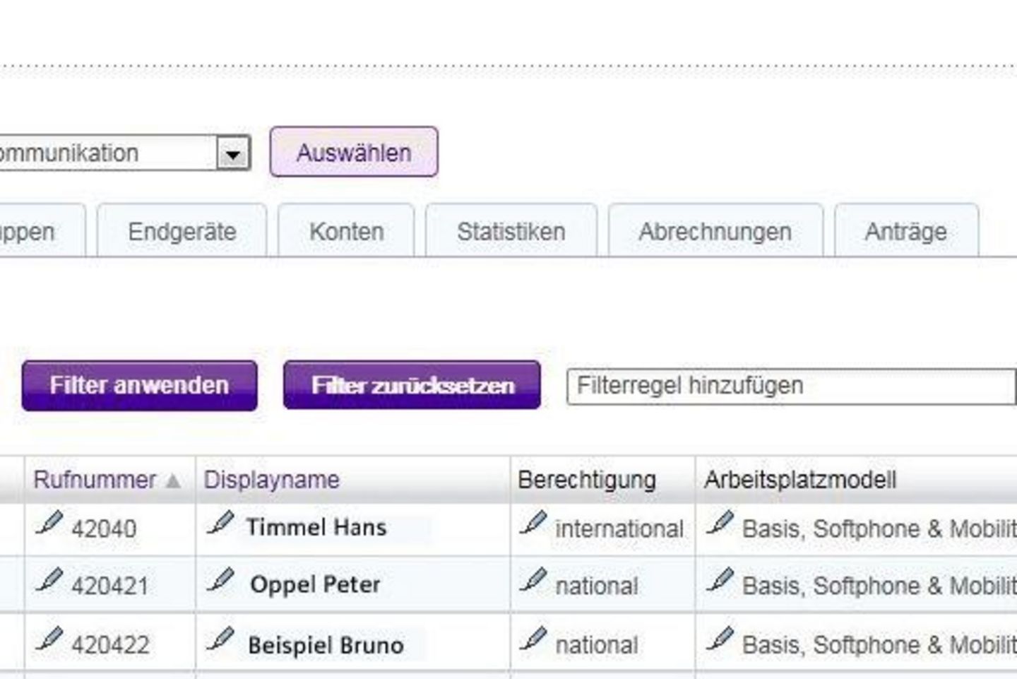 Verwaltung TUphone: Screenshot Übersicht aller Nebenstellen