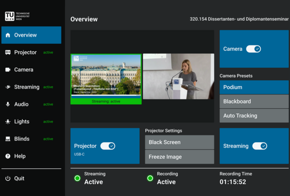 Übersichtsbildschirm eines Präsentations-Bedienfelds mit einer Projektvorschau und Einstellungen für Projektor und Kamera.