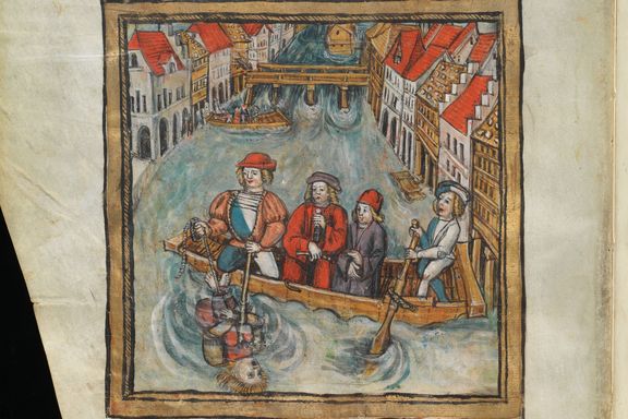 drawing of people in a boat in a flooded city