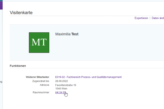 Visitenkarte TISS - Maus auf Raumnummer für Link zu TUW-Maps