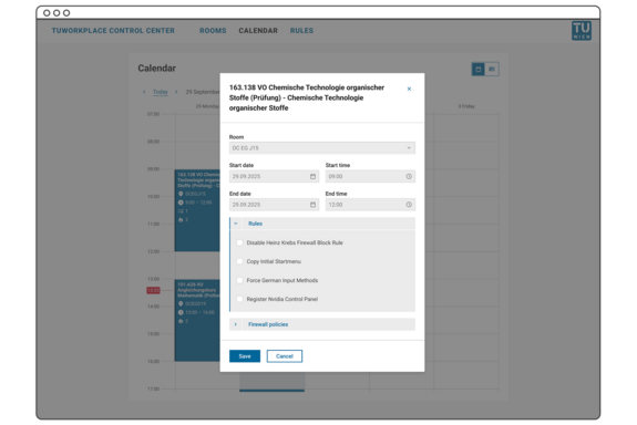 Eine digitale Kalenderoberfläche mit einem Popup-Fenster zur Terminplanung für eine Veranstaltung mit dem Titel „Chemische Technologie“. Optionen für Raum und Datum sind sichtbar.