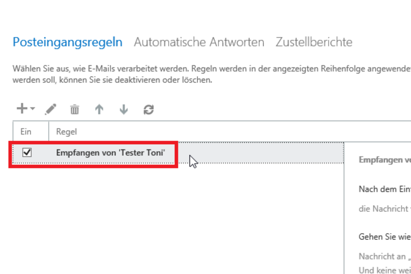 Screenshot: Display of the new rules