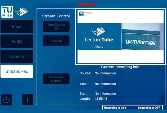 User interface for LectureTube. Features include stream control, input options and recording information.